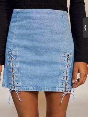 UO Rebecca Light Blue Vintage Denim Lace-Up Mini Skirt